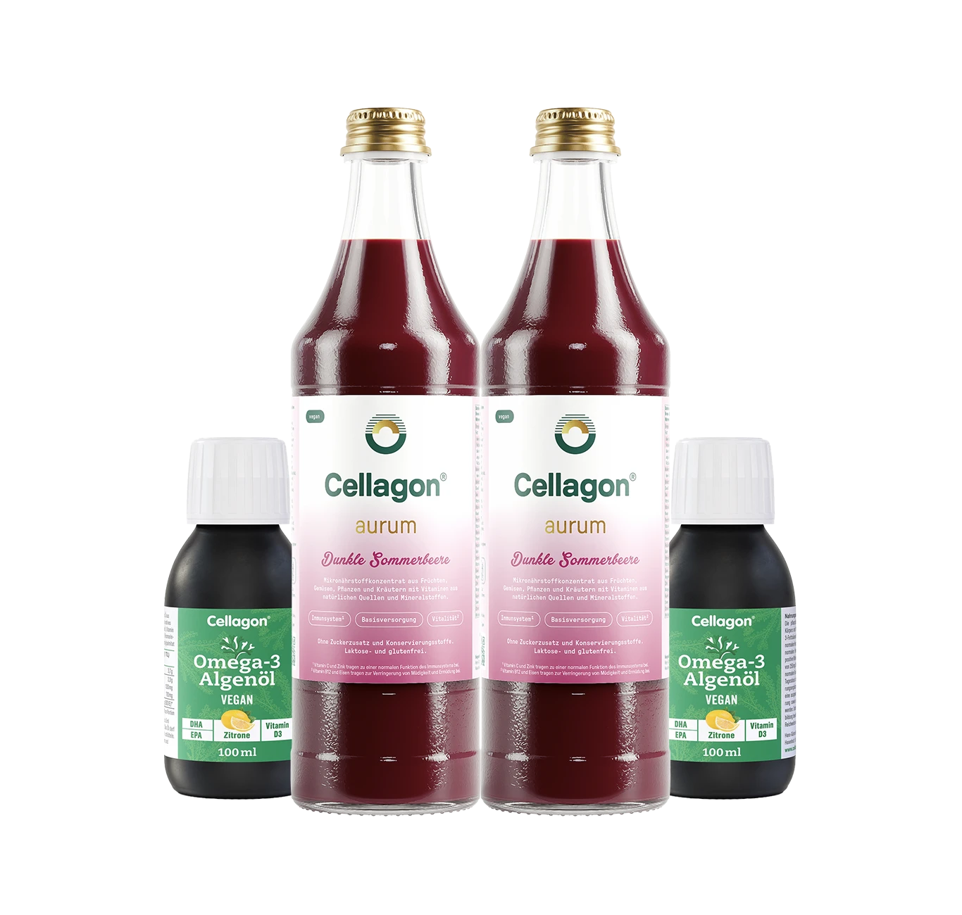 2er Set Cellagon Omega-3 Algenöl Zitrone + 2er Set Cellagon aurum Dunkle Sommerbeere