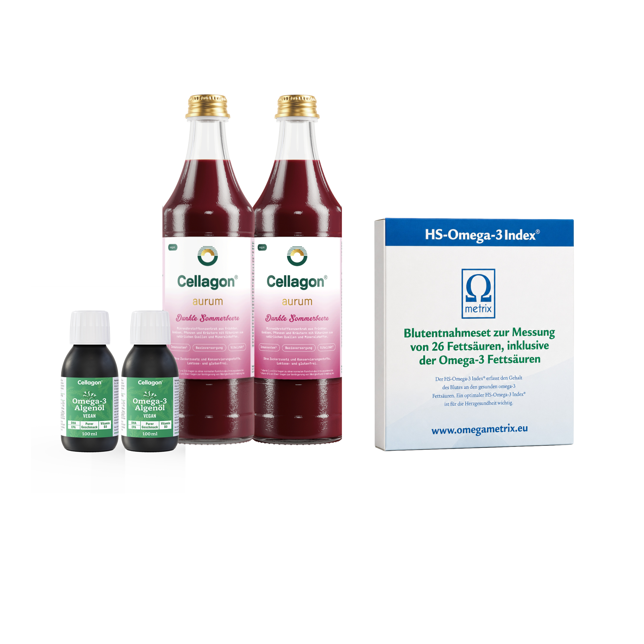 2er Set Cellagon Omega-3 Algenöl Pur + 2er Set Cellagon aurum Dunkle Sommerbeere mit Test