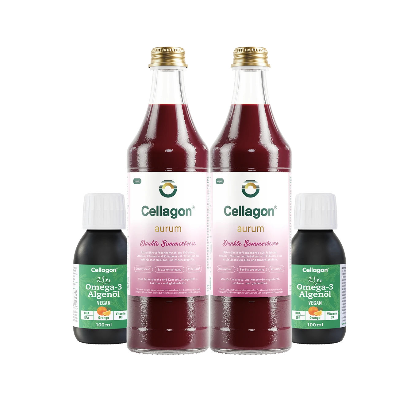 2er Set Cellagon Omega-3 Algenöl Orange + 2er Set Cellagon aurum Dunkle Sommerbeere