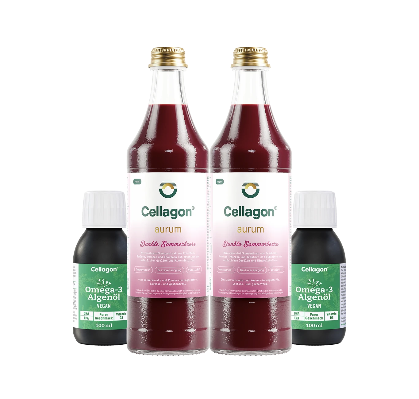 2er Set Cellagon Omega-3 Algenöl Pur + 2er Set Cellagon aurum Dunkle Sommerbeere