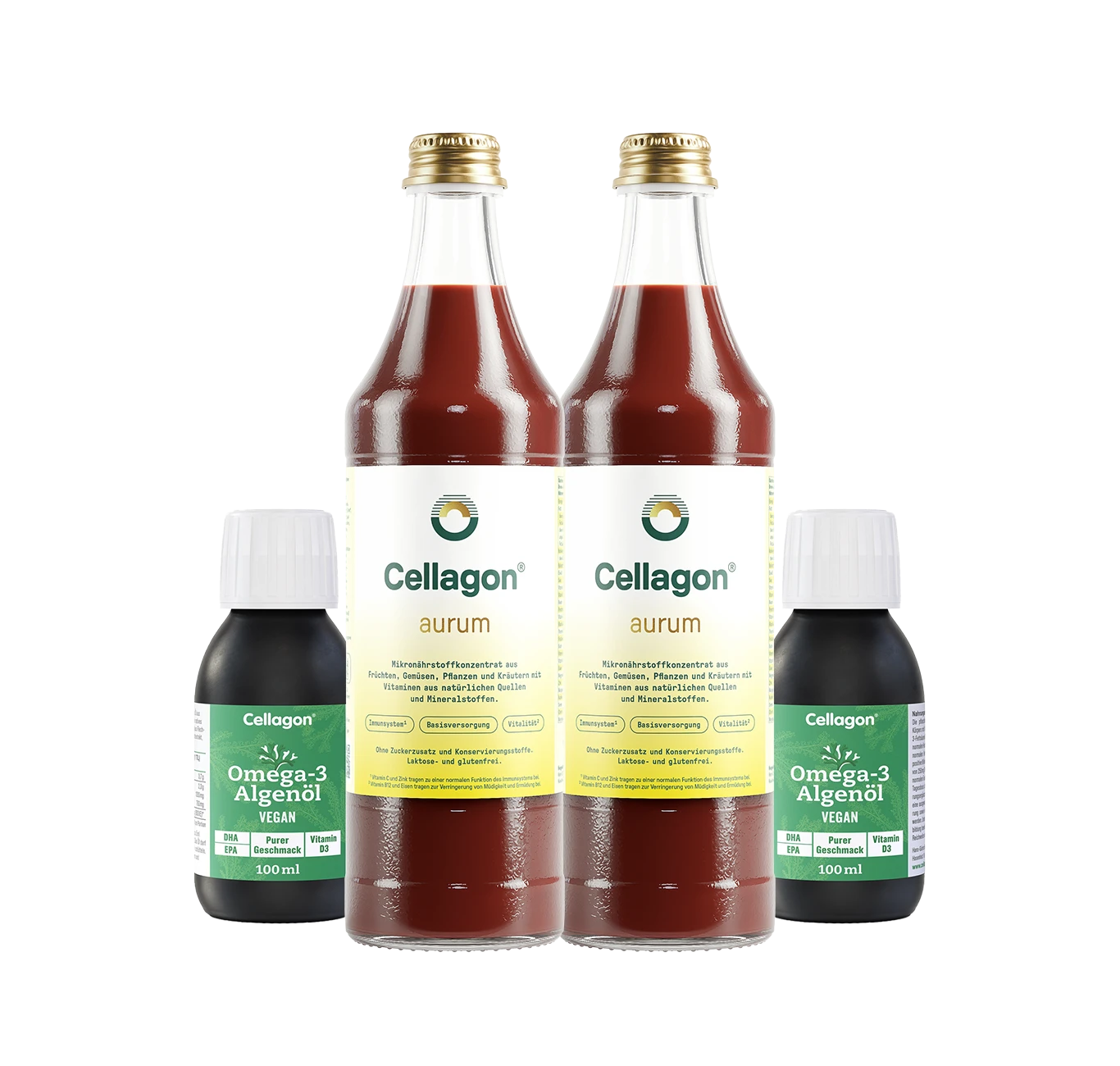 2er Set Cellagon Omega-3 Algenöl Pur + 2er Set Cellagon aurum mit & ohne Test